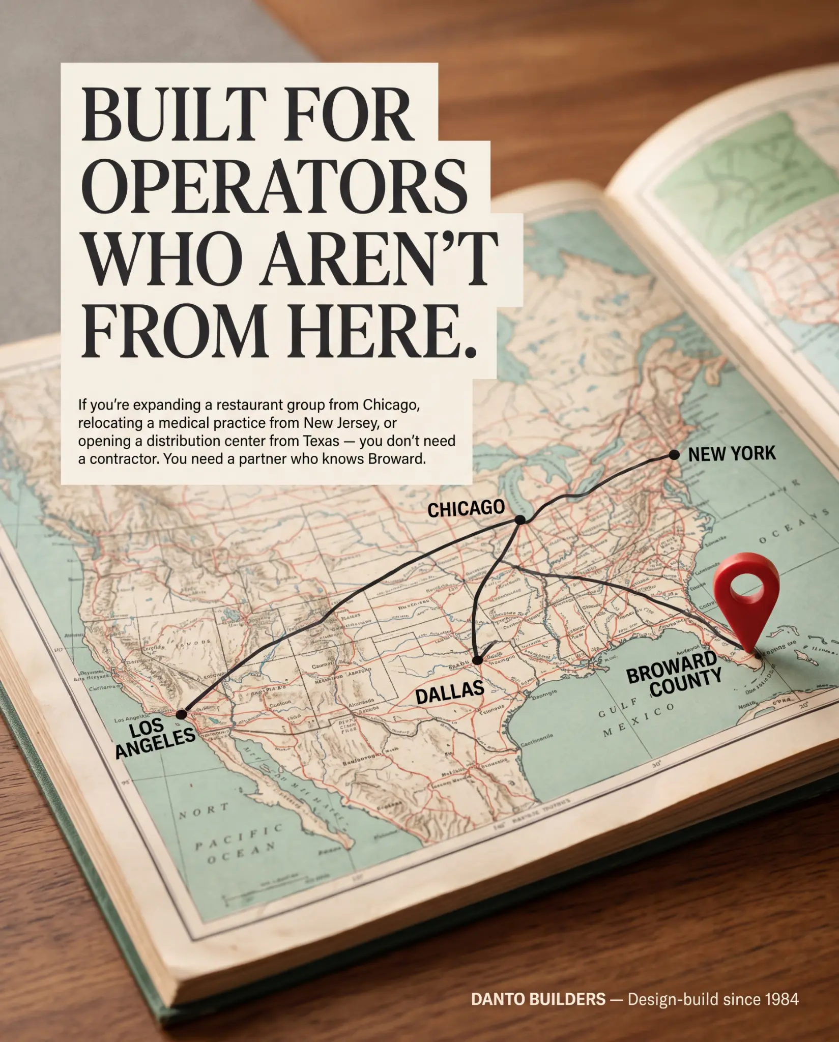 Vintage map with pins from Chicago, New York, LA, Dallas to Broward County