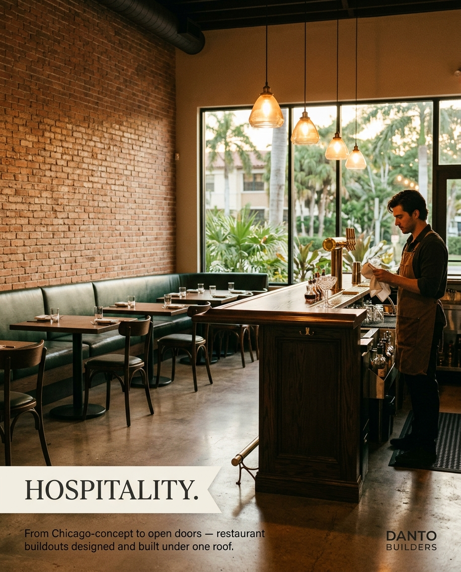 Hospitality vertical — restaurant interior with bar and leather booths