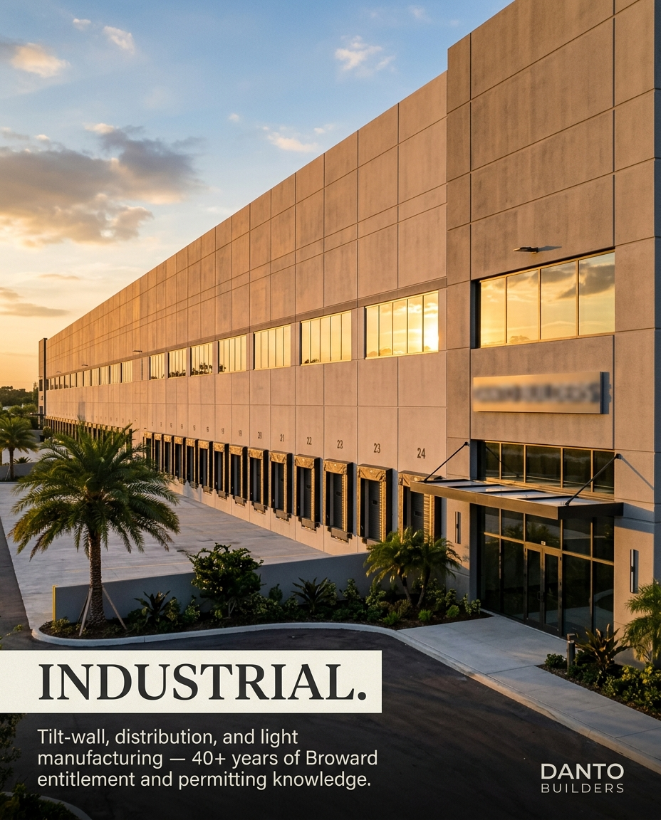 Industrial vertical — distribution warehouse exterior at sunset